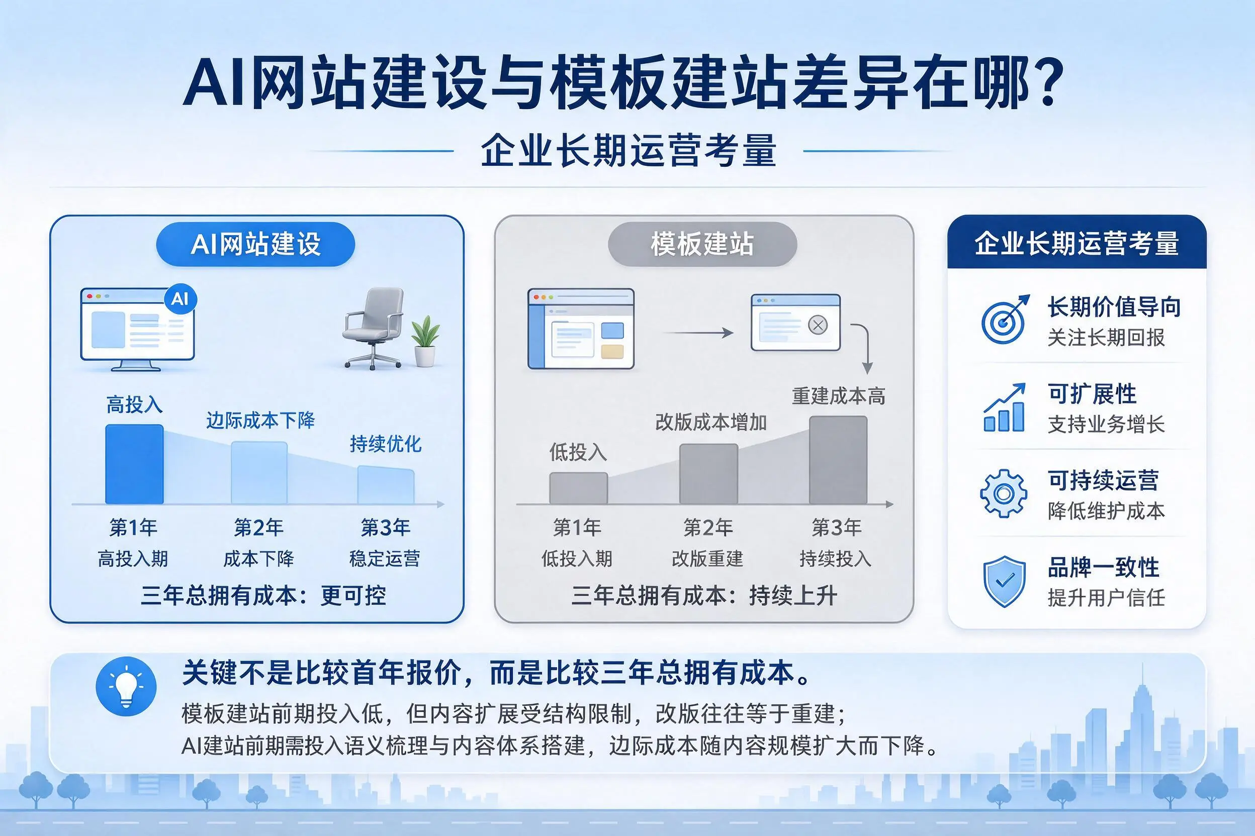 AI网站建设与模板建站差异在哪?盐城企业长期运营考量