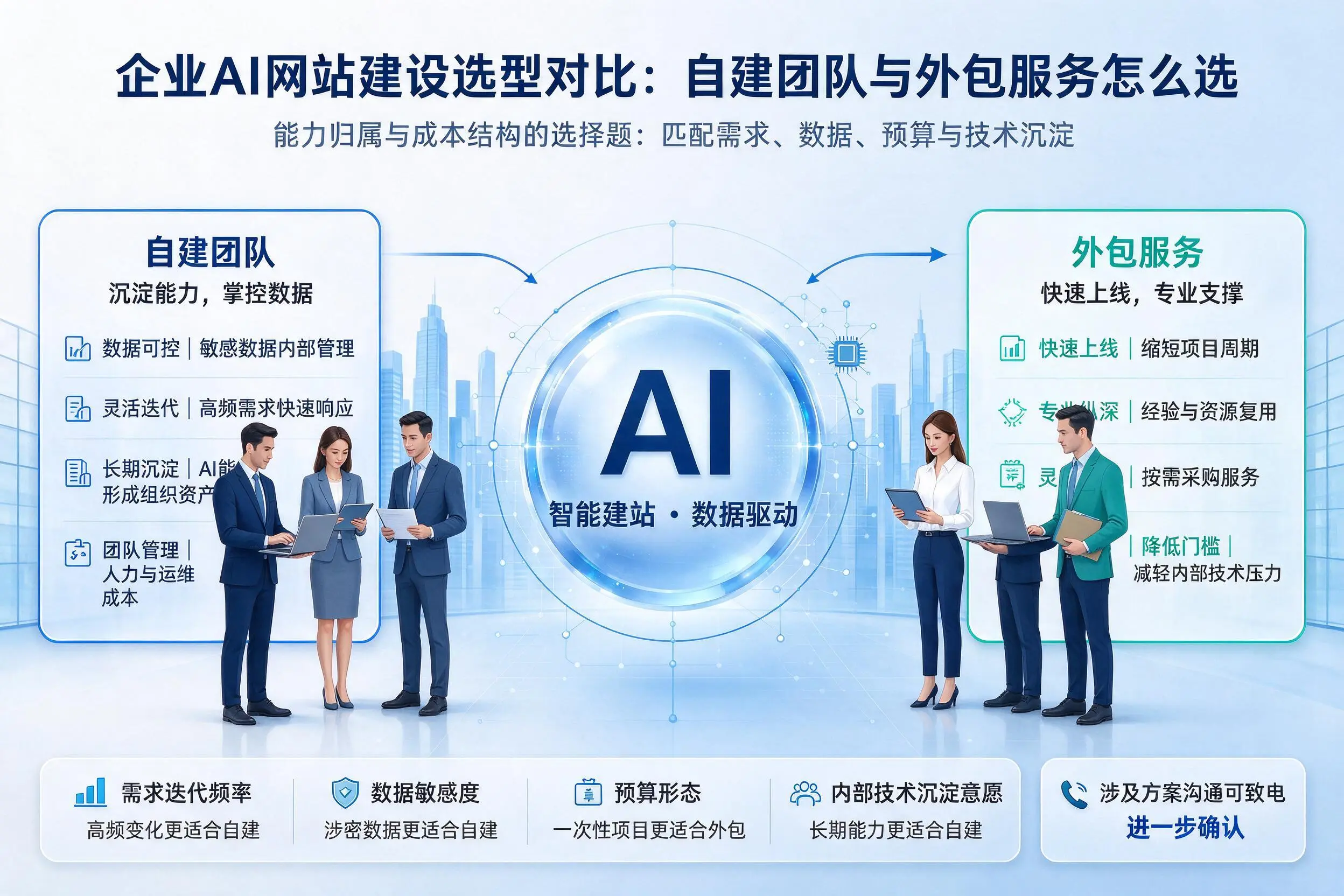 盐城企业AI网站建设选型对比：自建团队与外包服务怎么选